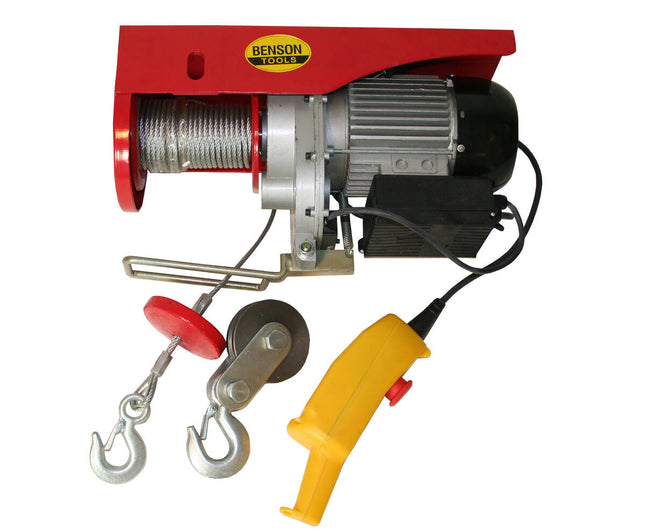 Hijsinrichting 500-1000 kg, 12m kabel, 1650W motor, ideaal voor bouw.