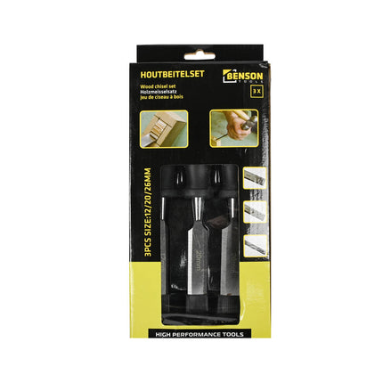 Houtbeitelset 3 dlg Pro Grip: 3 maten, gehard staal, precisiewerk