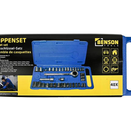 Doppendoos 40dlg: 1/4" & 3/8" Ratel, Metrisch & Inch, Inclusief Koffer