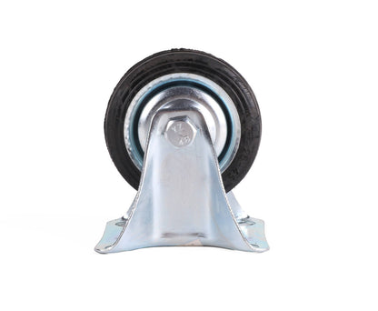 Bokwiel 75mm: Stalen velg, rubberband, 50kg draagkracht, montageplaat.