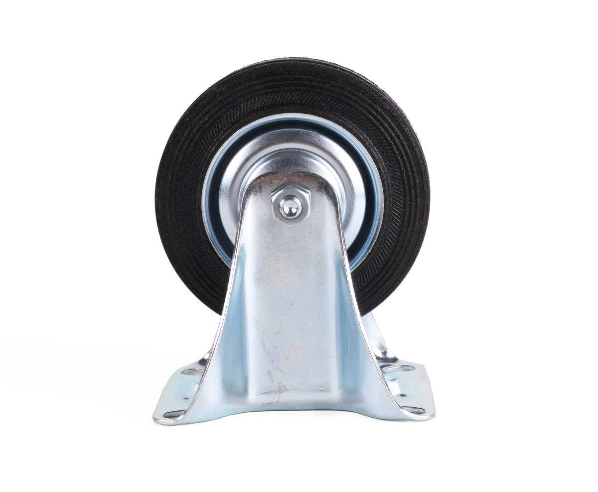 Bokwiel 100 mm: Stalen velg, rubberband, 70 kg draagvermogen.