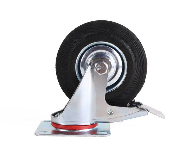 Zwenkwiel 125 mm met Rem, Massief Rubber, 100 kg, 4-Gats Bevestiging