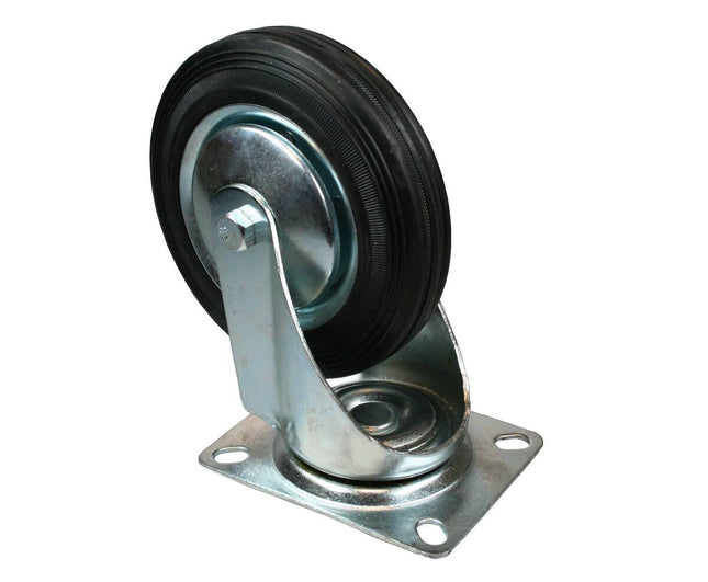 Zwenkwiel 160 mm, 140 kg draagkracht, rubber, montageplaat, karren.