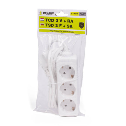 Stekkerdoos 3-voudig RA 1.5m, 16A/250V, 3680W, voor thuis/kantoor.