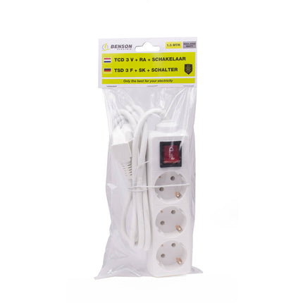 Stekkerdoos 3x, RA, Schakelaar, 1.5m Kabel, 10A/250V, 3680W, Huis/Kantoor