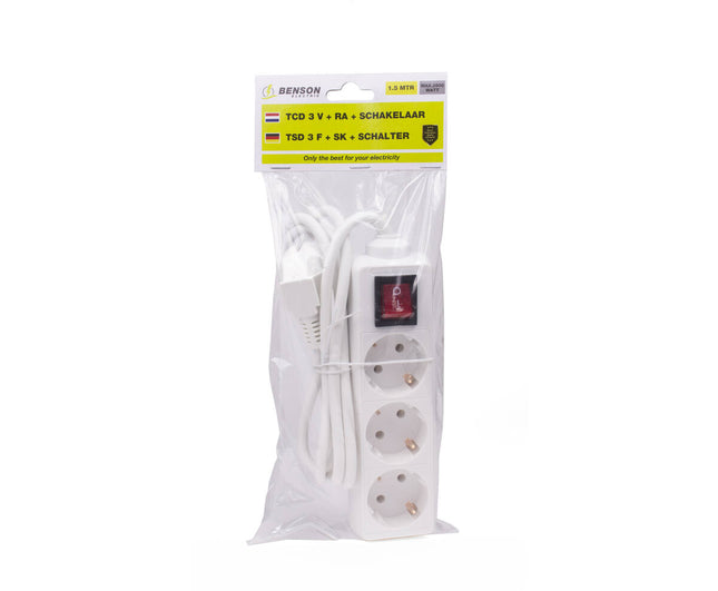 Stekkerdoos 3x, RA, Schakelaar, 1.5m Kabel, 10A/250V, 3680W, Huis/Kantoor
