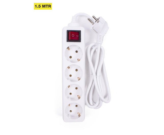 Stekkerdoos 4x, 1.5m, RA, schakelaar, max 3680W, voor thuis/kantoor.