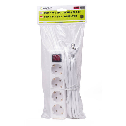 4-voudige Stekkerdoos RA Schakelaar, 5m Kabel, 10A, 2500W, Niet BE/FR