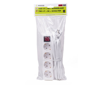 4-voudige Stekkerdoos RA Schakelaar, 5m Kabel, 10A, 2500W, Niet BE/FR