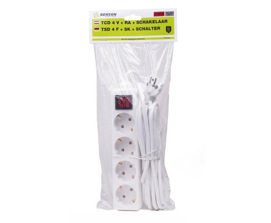 4-voudige Stekkerdoos RA Schakelaar, 5m Kabel, 10A, 2500W, Niet BE/FR