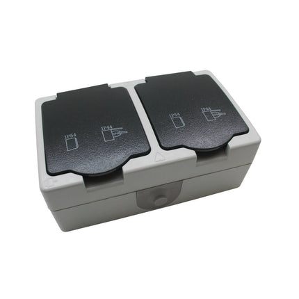 Stopcontact 2-voudig IP54, 16A, 230V, ideaal voor badkamer en tuin.