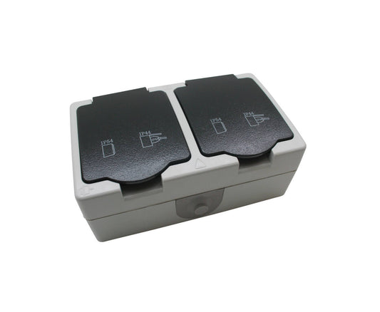 Stopcontact 2-voudig IP54, 16A, 230V, ideaal voor badkamer en tuin.