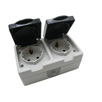 Stopcontact 2-voudig IP54, 16A, 230V, ideaal voor badkamer en tuin.
