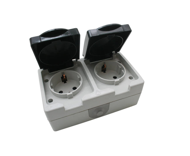 Stopcontact 2-voudig IP54, 16A, 230V, ideaal voor badkamer en tuin.