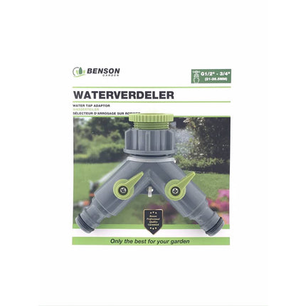 Waterverdeler 2-weg, snelkoppeling, past op 1/2"-3/4" kranen.