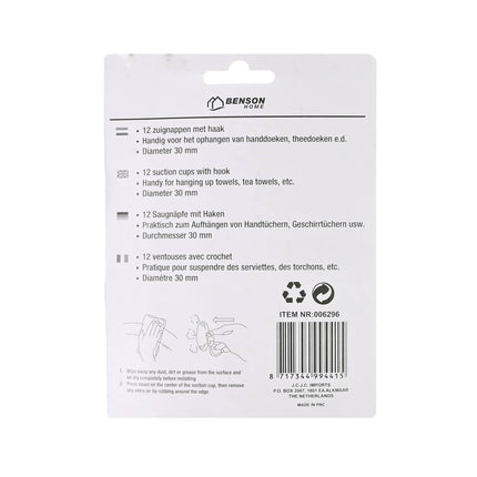 12x Ø30 mm Zuignap Haak Set - Voor Handdoeken & Meer, Herbruikbaar
