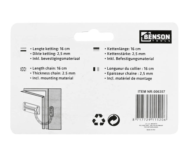 Deurketting Schuif 16cm, 2,5mm Dikte, Inclusief Bevestigingsmateriaal