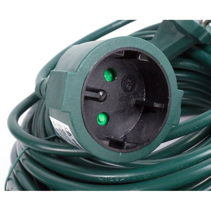 Verlengsnoer 20m groen, 2500W, 10A, ideaal voor tuinapparaten.