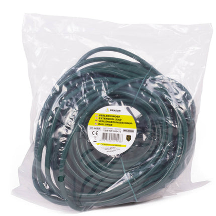 Verlengsnoer 20m groen, 2500W, 10A, ideaal voor tuinapparaten.