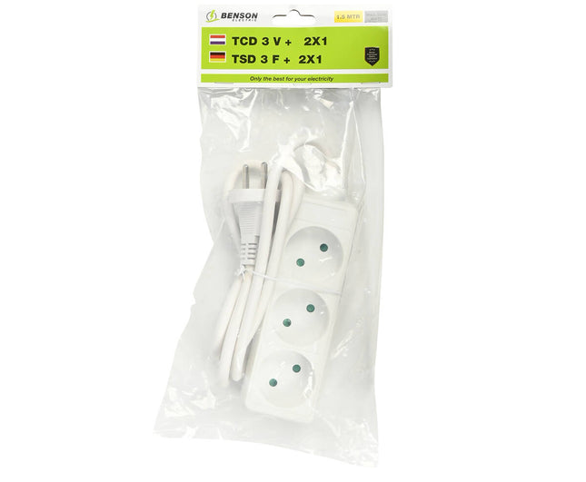 Stekkerdoos 3-voudig, 1.5m kabel, ideaal voor lampen en pc's.