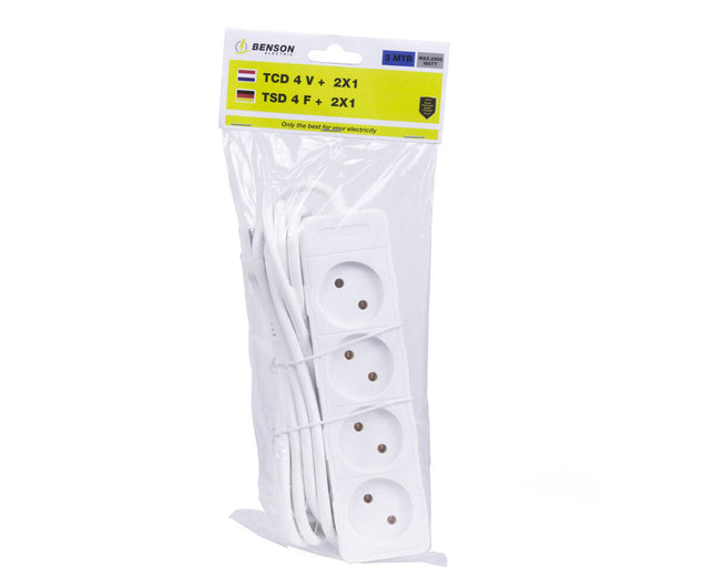 Stekkerdoos 4-voudig, 230V, 16A, 1m & 3m kabel, 3500W max.