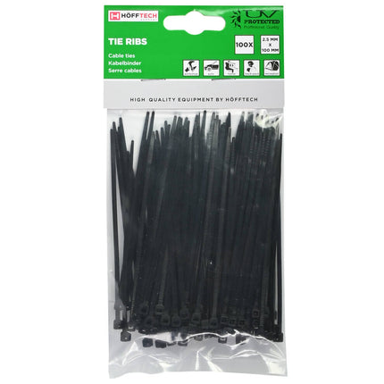 Tie Ribs 2.5x100mm Zwart, 100 Stuks - Ideaal voor Kabelbeheer