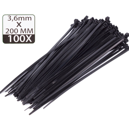 Tie Ribs 3.6x200mm Zwart - 100 stuks, ideaal voor kabelbeheer