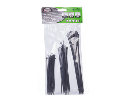 75-delige Zwarte Tie Ribs Set, 3 Maten, Ideaal voor Kabelbeheer