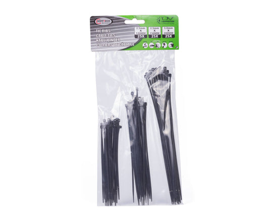 75-delige Zwarte Tie Ribs Set, 3 Maten, Ideaal voor Kabelbeheer