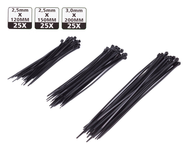 75-delige Zwarte Tie Ribs Set, 3 Maten, Ideaal voor Kabelbeheer