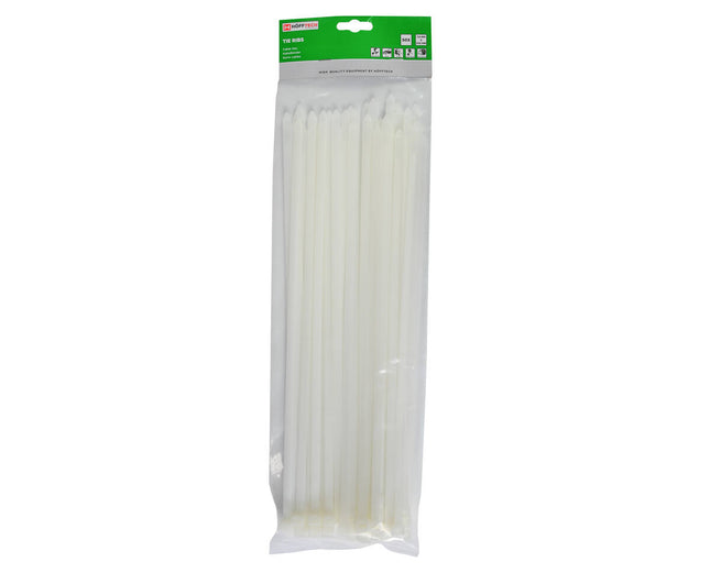 Witte Tie Ribs 7.8x370mm, 50 stuks, ideaal voor kabelorganisatie.