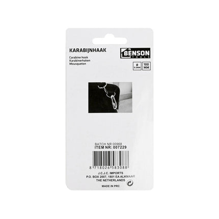 Karabijnhaak 9.5mm, 100mm lang, ideaal voor ophangen en bevestigen.