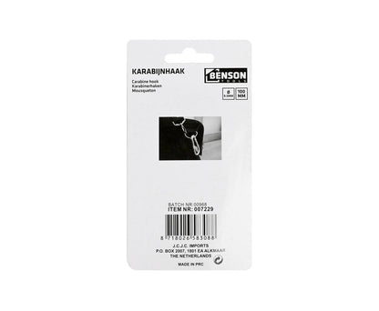 Karabijnhaak 9.5mm, 100mm lang, ideaal voor ophangen en bevestigen.