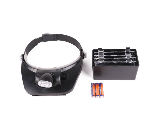 Hoofdloupe met 3 LED's, 4 lenzen (1.2x-3.5x), verstelbare band.