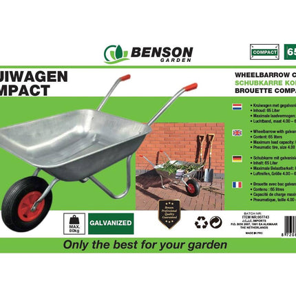 Kruiwagen 65L Gegalvaniseerd, 80kg, Luchtband, Bouw en Tuin.