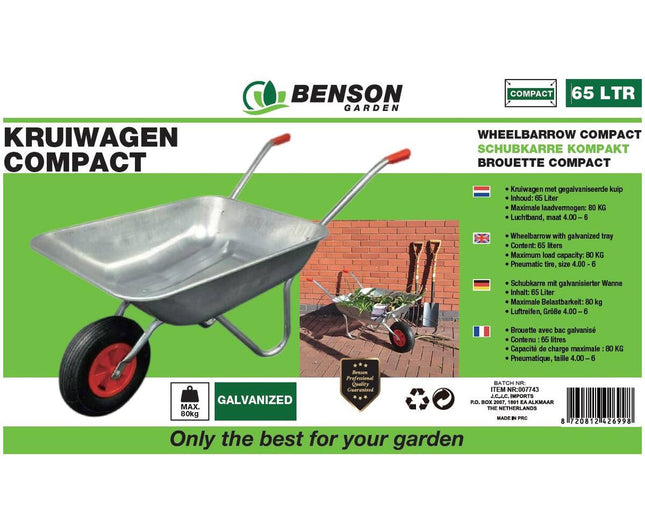 Kruiwagen 65L Gegalvaniseerd, 80kg, Luchtband, Bouw en Tuin.