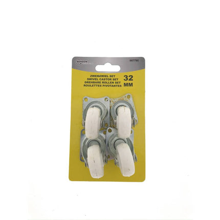 Zwenkwiel Set 32 mm Wit, 4 Stuks, 12 kg Draagkracht, Meubelwielen