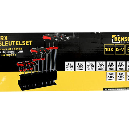 Torx T-sleutelset 10-delig Cr-V staal met standaard, ideaal voor klussen