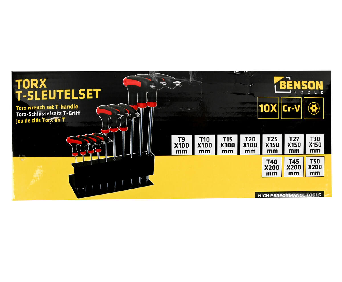 Torx T-sleutelset 10-delig Cr-V staal met standaard, ideaal voor klussen