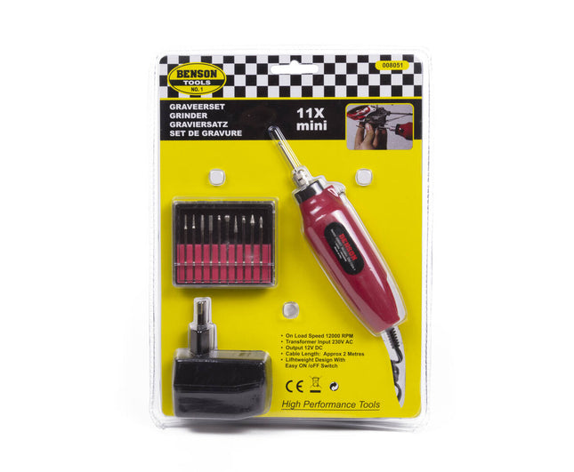 Graveerset 11 dlg Mini, 12000 rpm, 220/12 V, voor glas & metaal.