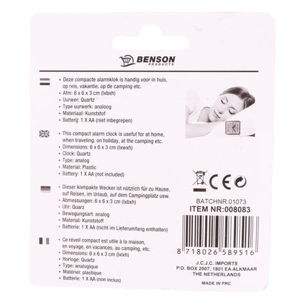 Reiswekker alarm klein mix – Afm 6 x 6 x 3 cm (lxbxh), Uurwer Quartz, Type uurwerk analoog