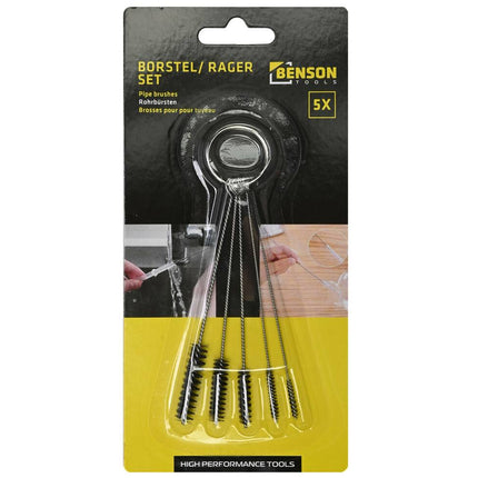 Borstel Set Mini 5-delig - 5 maten, nylon/stalen kern, met sleutelhanger