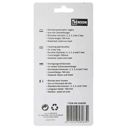 Borstel Set Mini 5-delig - 5 maten, nylon/stalen kern, met sleutelhanger