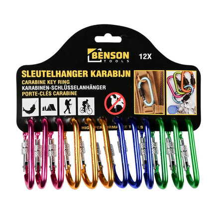 Set van 12 D-vormige aluminium karabijnhaken, ideaal voor kamperen.
