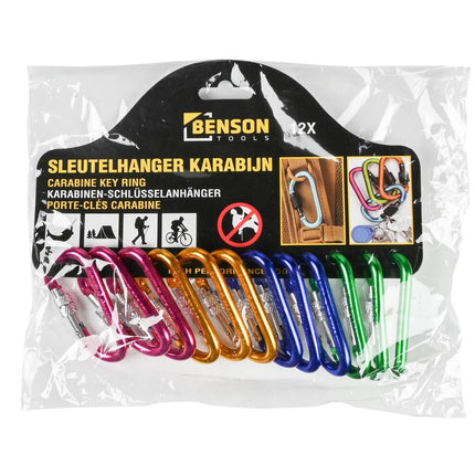 Set van 12 D-vormige aluminium karabijnhaken, ideaal voor kamperen.