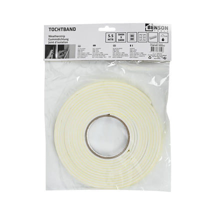 Tochtband Foam 9x5mm Wit 5.5m - Tochtvrij Ramen & Deuren