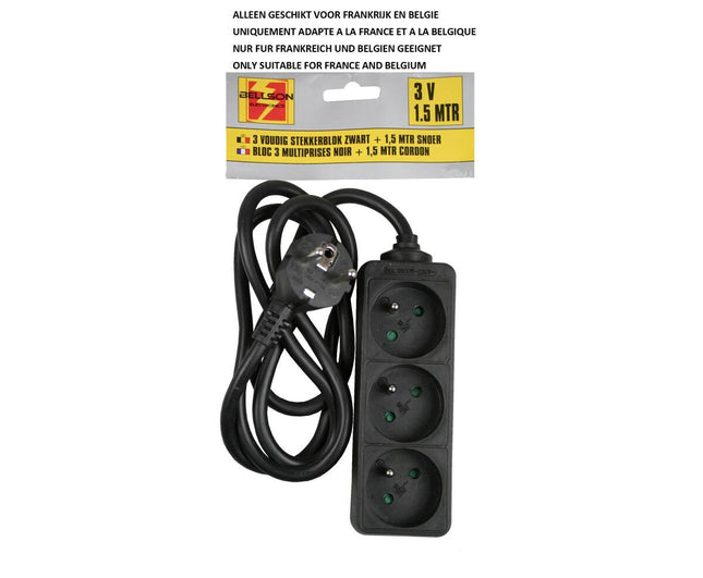Zwarte 3-voudige A-pin stekkerdoos, 1.5m kabel, 16A/250V, 3680W.
