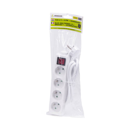 Stekkerdoos 4-voudig A-pin, 1.5m, 3680W, met schakelaar, wit