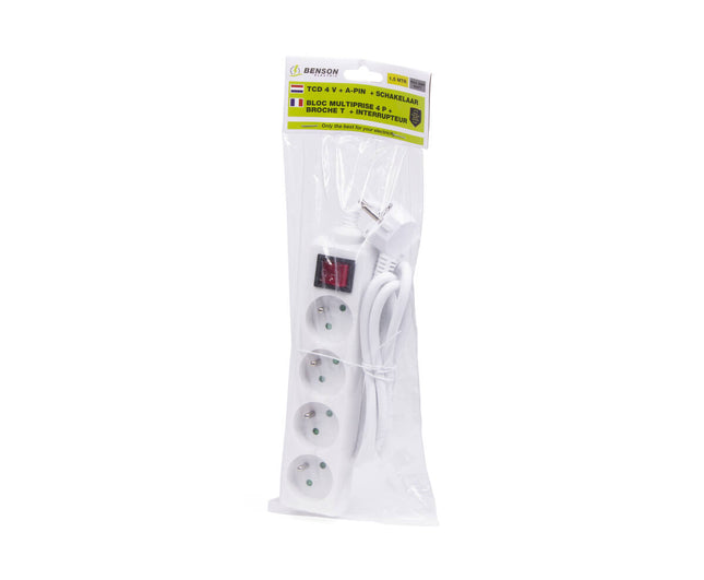 Stekkerdoos 4-voudig A-pin, 1.5m, 3680W, met schakelaar, wit