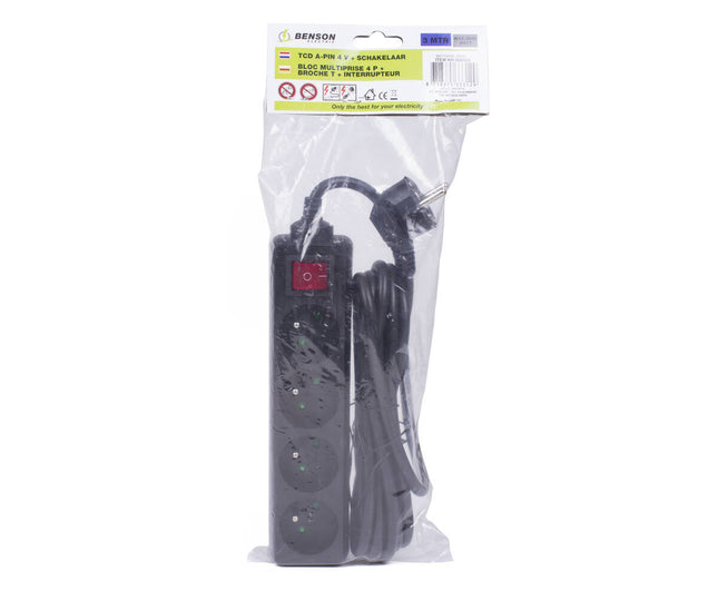 Stekkerdoos 4-voudig met Schakelaar, 3m Kabel, Zwart, 16A-250V